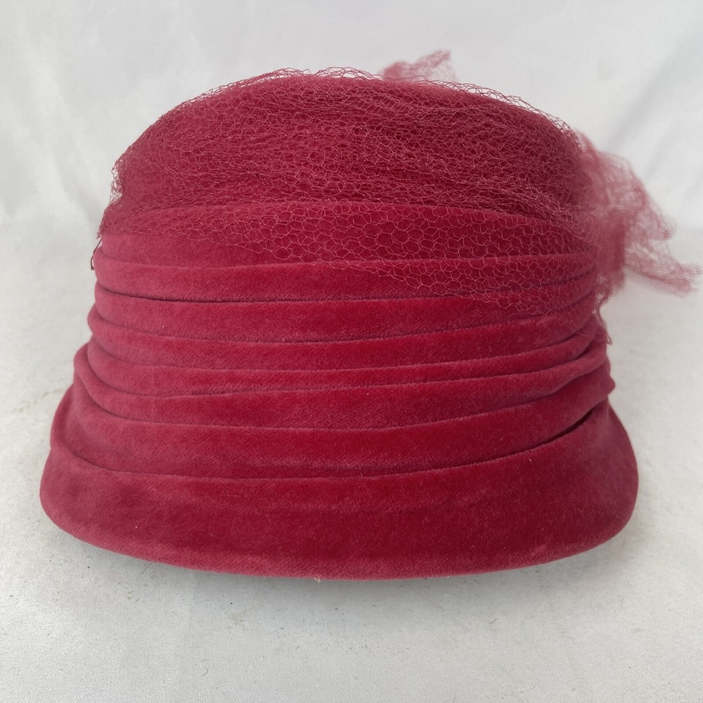 Vintage Davisons Pink Cloche Hat Mesh Tie 50s 60s Mid Century Velvet Style Hat